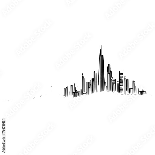 Minimalist skyline illustration featuring a city with tall buildings and a prominent skyscraper in black and white