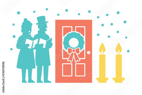 Festive carolers singing outside decorated entrance with glowing candles and snow