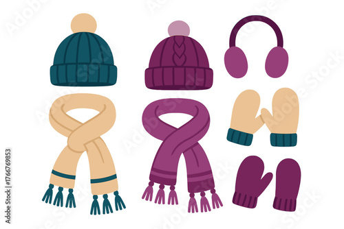Assortment of colorful knitted winter hats scarves mittens and earmuffs