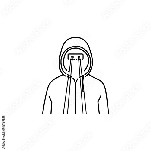 Outline drawing of a person wearing a hoodie with the hood up and strings pulled tight around face