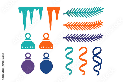 Colorful assortment of winter and holiday decorative elements icons