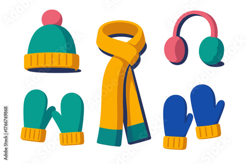 Colorful assortment of winter clothing accessories for cold weather protection
