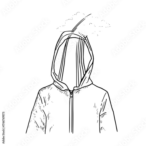 Sketch of a hooded jacket with a zipper and a hood that obscures the face on a white background art