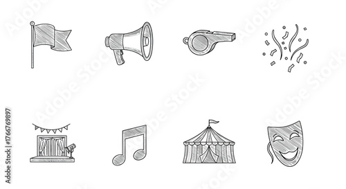 Sketch style icons of celebration and entertainment elements