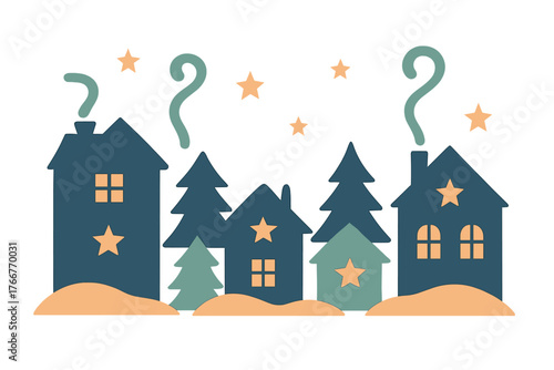 Cozy winter village scene with stylized houses and pine trees