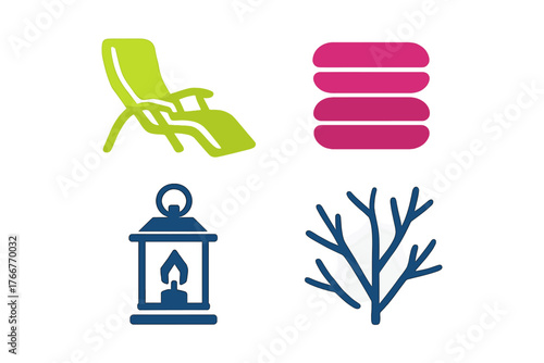 Set of four colorful vacation and nature icons including lounge chair and lantern