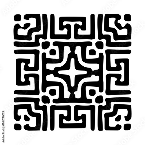 Abstract square pattern with geometric shapes and maze like design in black and white color scheme