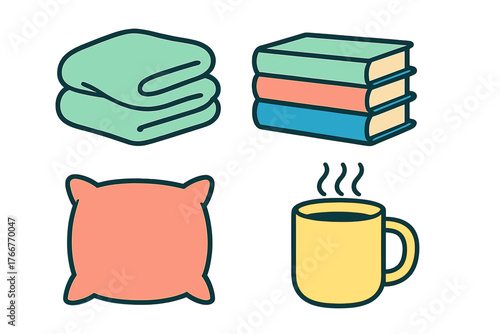 Cozy home relaxation icons set with blanket, books, pillow, and hot drink