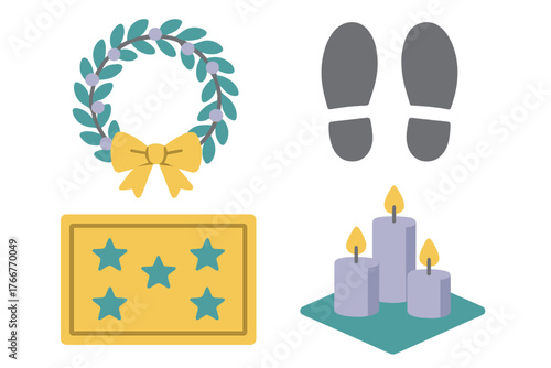 Festive winter holiday icons featuring wreath and burning candles