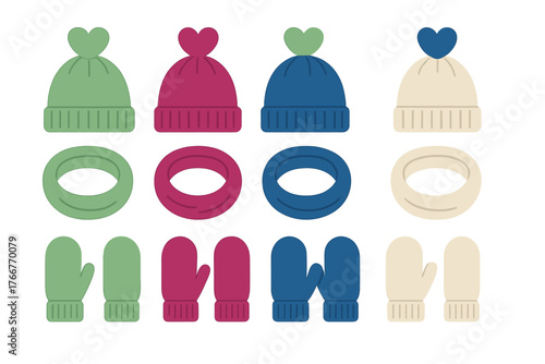 Colorful collection of warm winter knit hats, scarves, and mittens accessories set for cold weather season