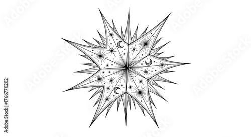 Celestial star design in black and white hand-drawn style
