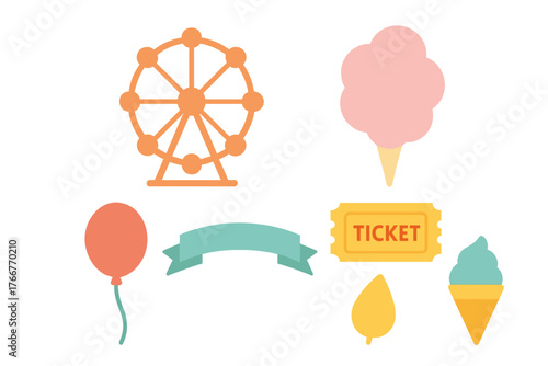 Amusement park icons featuring carnival rides and sweet treats