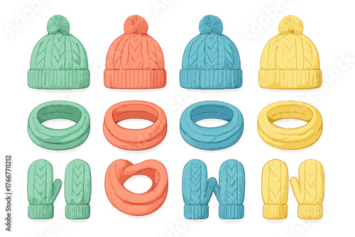 Collection of knitted winter hats scarves and mittens in various colors