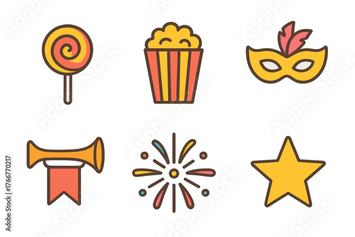 Carnival and party icons collection featuring lollipop popcorn mask horn firework and star