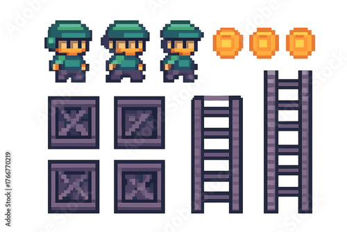 Pixel art game assets featuring character sprites coins crates and ladders