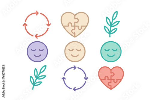 Abstract icons for balance, connection, mindfulness, and personal renewal concepts