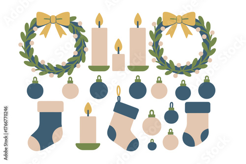 Festive Christmas and winter holiday decorative elements including wreaths candles and stockings