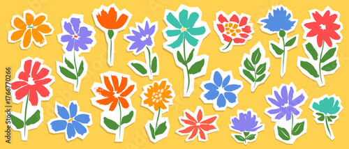 Set of cute stylized flower buds on stem with leaf in bright colors, carelessly painted with brush and cut with scissors like stickers. Vector illustration for applique and social media embellishment.