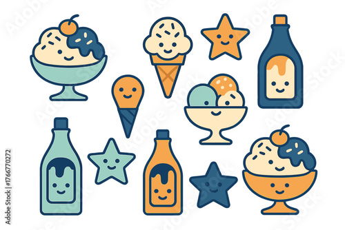 Charming set of ice cream cones sundaes and sweet syrup bottles