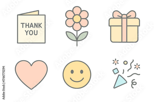 Pastel colored icons representing gratitude and celebration symbols