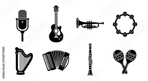 Set of musical instrument icons in black and white silhouette style
