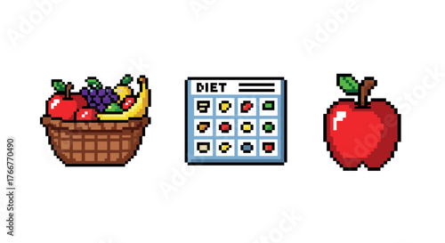 Fruit basket, diet plan, and apple in retro pixel art style with a 1980s video game vibe