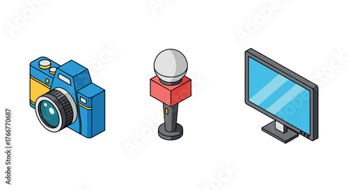 Isometric camera, microphone, and monitor icons for digital media themes