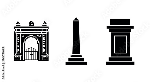 Pixel art landmarks: arch, obelisk, monument in black and white outline