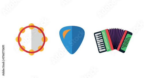 Musical instrument icons featuring tambourine, guitar pick, and accordion