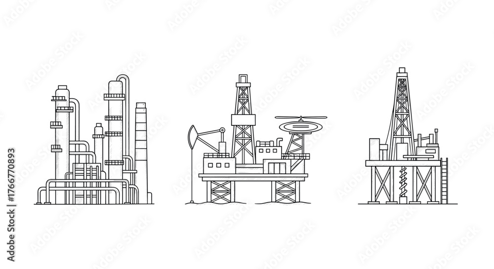 Obraz premium Industrial engineering concepts with oil platform and refinery outlines