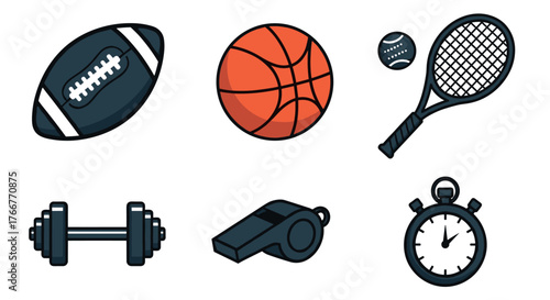 Colorful sports equipment icons featuring ball, racket, stopwatch, and more