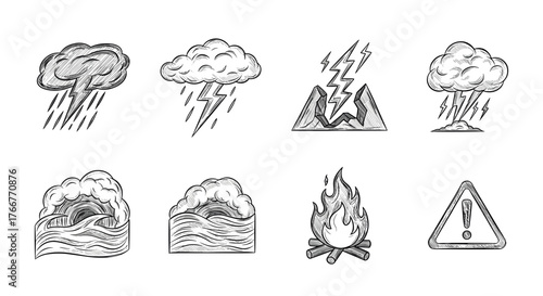 Sketch weather icons: storm, lightning, fire, caution symbols in monochrome style