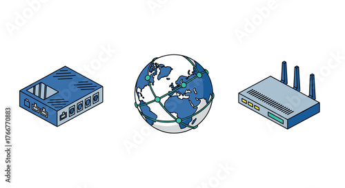Global network connections with router and switch in isometric design