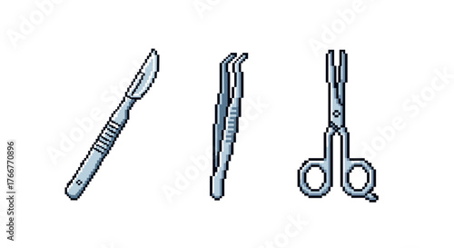 Pixel art surgical tools: scalpel, tweezers, scissors for medical design