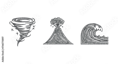 Hand-drawn natural disaster elements: tornado, volcano, and ocean wave