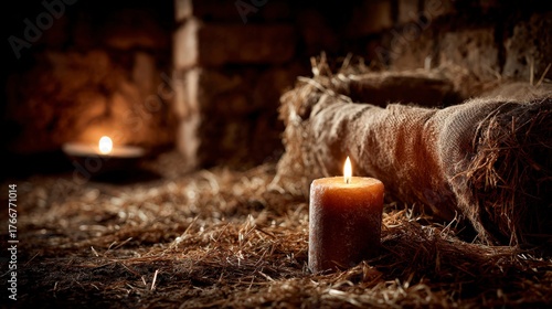 Candle glowing beside empty manger, symbol of love to come.