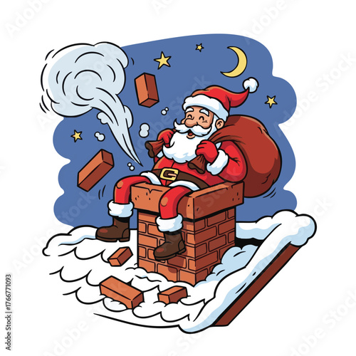 Jolly Santa Claus has a minor mishap, comically stuck in a snowy chimney on Christmas Eve, ready to deliver festive cheer