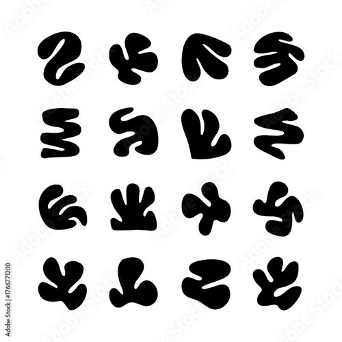 Unique black abstract shapes arranged in a grid pattern on a white background for creative inspiration and design use