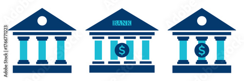 Coloured Bank building icon set. vector illustration for bank landmark, public houses, govt buildings,  courthouse and other institutions symbol. Classic sign for Roman style bank building (Isolated)