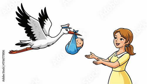 Excited mom awaits stork delivery cartoon, celebrating the arrival of her newborn baby