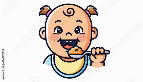 Adorable baby eating with spoon, smiling sweetly, a happy scene of childhood joy and innocence