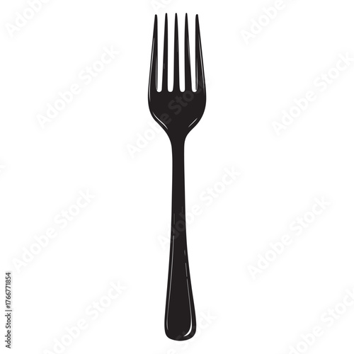 A modern black and white illustration of a fork, the Fork Icon exudes simplicity and style, making it perfect for incorporation into restaurant menus, cooking blogs, or any design with a culinary