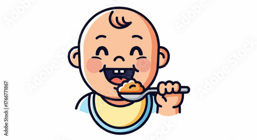 Adorable baby eating with spoon, happy child enjoying mealtime feeding, cute cartoon face