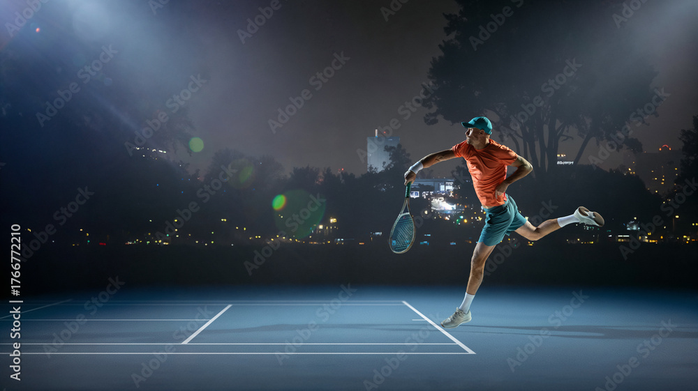 Fototapeta premium Collage with young European man, tennis player training alone at evening court over night city background. Concept of sporty and healthy lifestyle, motivation, discipline, and personal achievement