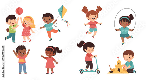 Children Playing Together Diverse Group of Kids Enjoying Outdoor Activities Like Jumping Rope, Riding Scooters, and Building Sandcastles with Balls and Kites