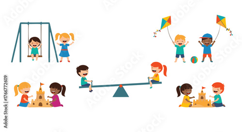 Children having fun playing with swings, kites, sandcastles, and on a seesaw in a park, illustrating joyful childhood activities and outdoor recreation
