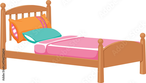 Colorful cartoon single bed with pillows and blanket, vector illustration for bedroom, furniture, home decor, and sleep concepts, bright design for kids