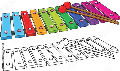 Colorful rainbow xylophone with red mallets, black and white line art version, musical instrument for children, vector illustration.