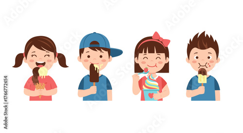 Diverse group of happy children joyfully enjoying ice cream on a warm sunny day, capturing moments of childhood delight and sweet treats