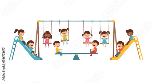 A diverse group of happy children enjoying various playground activities like swings, slides, and a seesaw on a sunny day, promoting outdoor fun and childhood joy